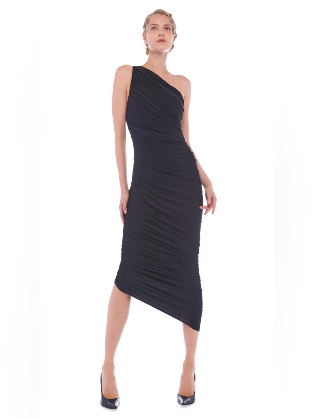 NORMA KAMALI DIANA DRS MIDI ONE SHLDRRUCID MESH BLACK Size S/26